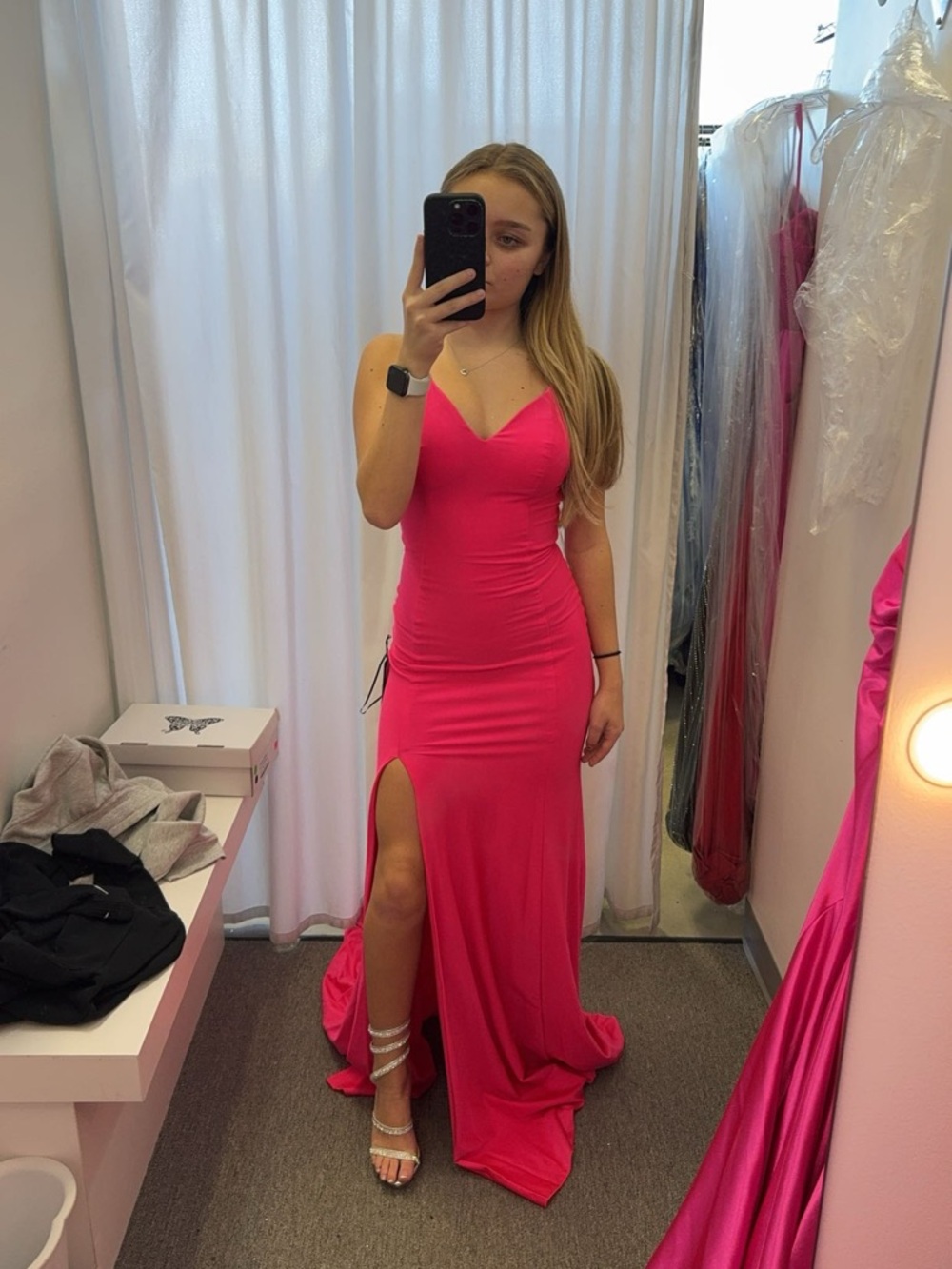 Fuchsia V-Neck Spaghetti-Strap Prom Gown with Thigh Slit